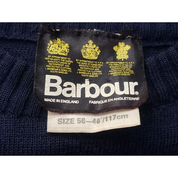 Vintage Barbour Pure Wool & Suede Leather Navy Blue Jumper Sweater | Size 56-46 - Picture 4 of 8